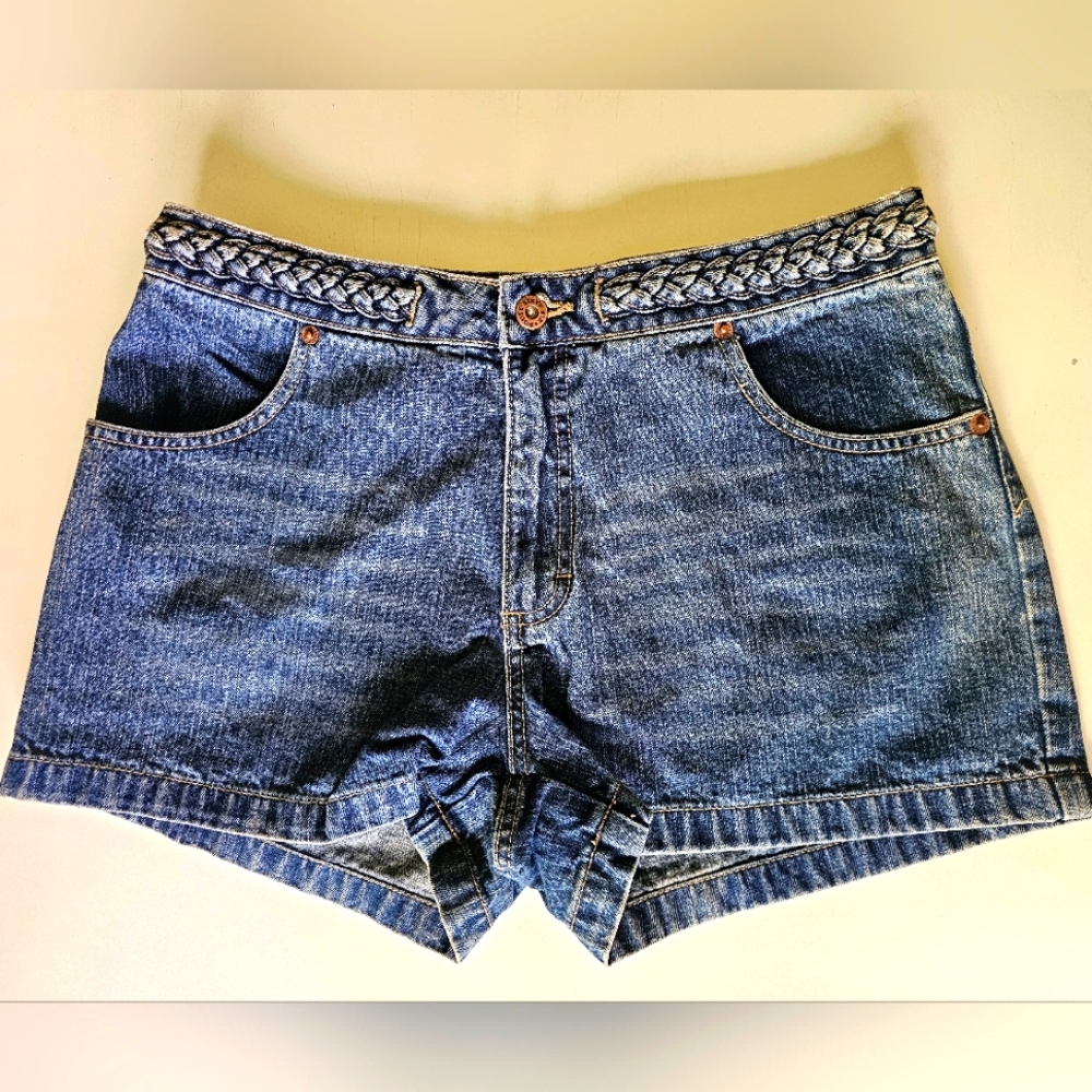 Vintage Route 66 Shorts Braided Waist Blue Denim Mid Rise Y2K